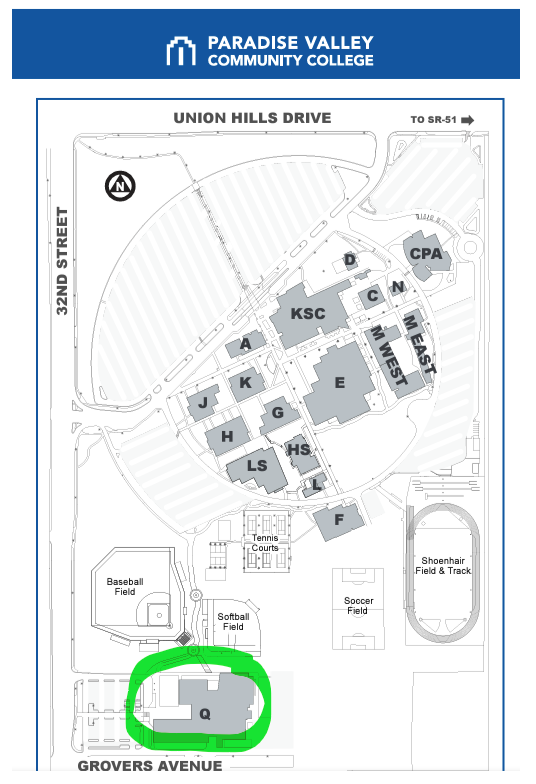 Map of the Q Building location on the PVCC campus.